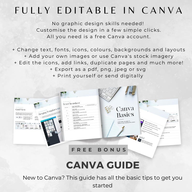 May include: Image promoting a Canva guide, with the text "FULLY EDITABLE IN CANVA." It highlights customisation options, including text and image changes. A free bonus Canva guide is offered. The image shows open books and a keyboard.