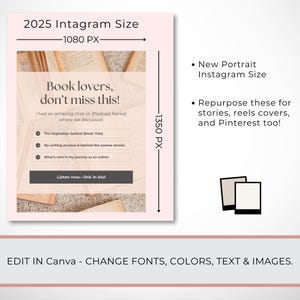 May include: A pink Instagram template with the text "Book lovers, don't miss this!" and details about a podcast. The template includes the text "Listen now-link in bio!" and instructions to edit in Canva.