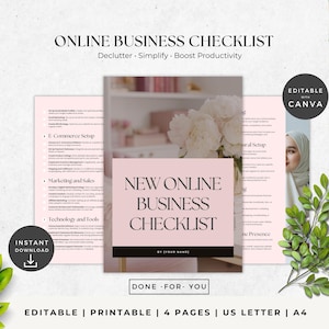 May include: A pink and white printable online business checklist with the text "New Online Business Checklist" and "Done-For-You". The checklist is editable and includes 4 pages in US Letter and A4 sizes.
