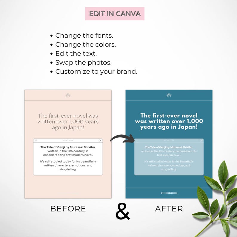 May include: A graphic demonstrating text editing with "Before" and "After" examples. The text states "The first-ever novel was written over 1,000 years ago in Japan!" and "The Tale of Genji by Murasaki Shikibu." Instructions to edit in Canva are also present.