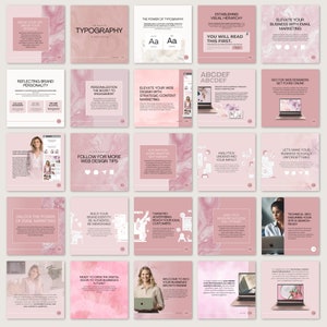 May include: A pink and white graphic design template with text about typography, web design, email marketing, and social media marketing. The template is divided into a grid of 20 squares, each with a different design and message.