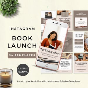 May include: Instagram book launch templates with the text "That feeling when..." on a phone screen. The image includes a candle, a plant, and several template examples. The text reads "34 templates" and "Editable with Canva."