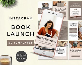 Può includere: Modelli Instagram per il lancio di libri con il testo "That feeling when..." sullo schermo di un telefono. L'immagine include una candela, una pianta e diversi esempi di modelli. Il testo recita "34 modelli" e "Modificabile con Canva."