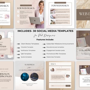 May include: A collection of 30 social media templates for web designers. The templates include client reviews, checklists, notifications, Q&A, quotes, subscriber milestone announcements, educational posts, engagement boosters, promotional offers, and masterclass templates. The templates are designed in a neutral color palette with a modern aesthetic.