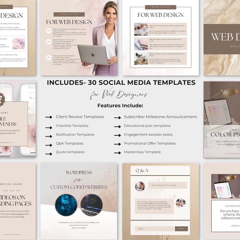 May include: A collection of 30 social media templates for web designers. The templates include client reviews, checklists, notifications, Q&A, quotes, subscriber milestone announcements, educational posts, engagement boosters, promotional offers, and masterclass templates. The templates are designed in a neutral color palette with a modern aesthetic.