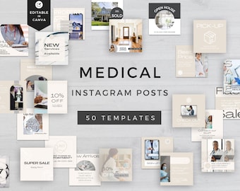 May include: A collection of 50 customizable Instagram post templates for medical professionals. The templates feature a variety of designs, including images of doctors, nurses, and medical equipment. The text on the templates includes phrases such as "New Services Available", "Super Sale", "Sign Up", and "Check Out".