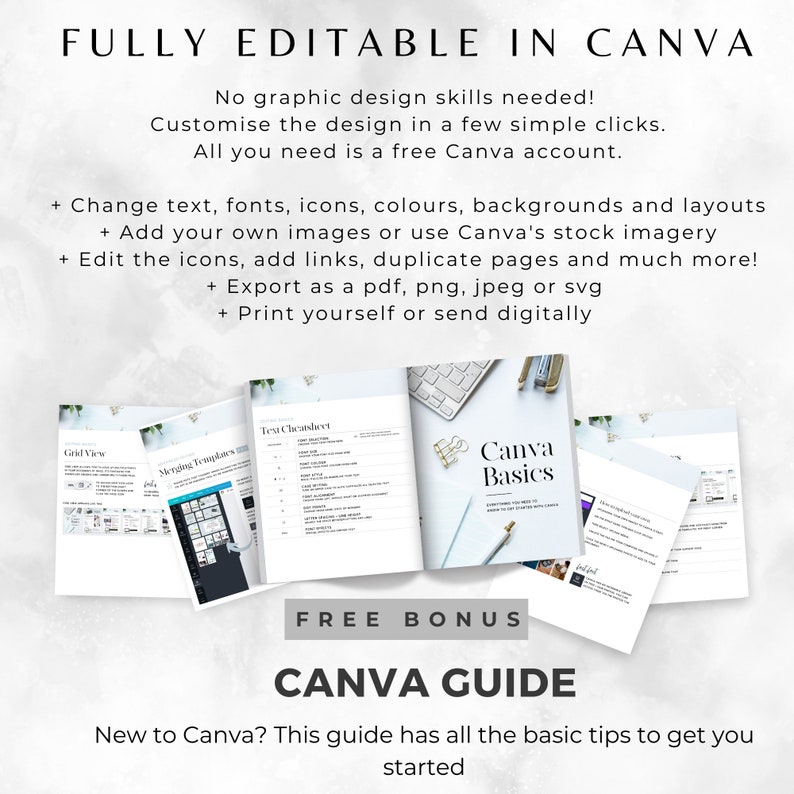 Może przedstawiać: Przewodnik po marketingu cyfrowym z tekstem "FULLY EDITABLE IN CANVA" i "FREE BONUS CANVA GUIDE". Przewodnik zawiera wskaz&oacute;wki dotyczące korzystania z Canva, platformy do projektowania graficznego. Obraz przedstawia ekran komputera z szablonem projektu Canva, klawiaturę i notes.