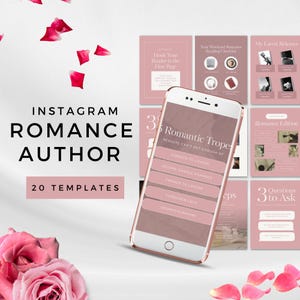 Könnte beinhalten: Ein Smartphone zeigt eine Instagram-Vorlage mit dem Text "3 Romantic Tropes" und "Instagram Romance Author". Das Design verwendet ein rosa-weißes Farbschema, mit Rosenblättern, die um das Telefon und die Vorlagen verstreut sind.