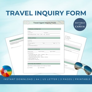 Travel Agent Client Intake Form | Editable Travel Inquiry Template | Canva Form for Travel Agents | INSTANT DOWNLOAD | Travel Agency Forms