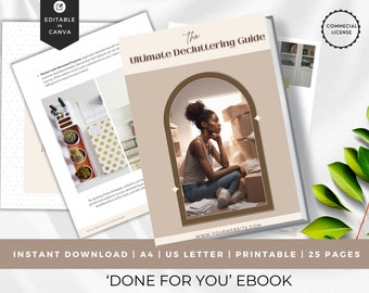 May include: A beige and brown ebook cover with the title "The Ultimate Decluttering Guide". The cover features a photo of a woman sitting in a room with boxes, looking out a window. The text "Instant Download | A4 | US Letter | Printable | 25 Pages" is at the bottom of the cover.