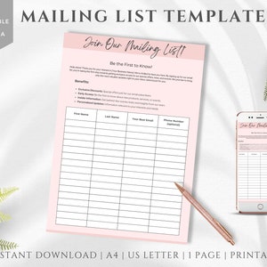 Op de afbeelding: Een roze en witte printbare mailinglijst sjabloon met de tekst "Join Our Mailing Listt!" en "Be the First to Know!" De sjabloon bevat velden voor voornaam, achternaam, e-mailadres en optioneel telefoonnummer. De voordelen van het lidmaatschap van de mailinglijst worden vermeld als "Exclusive Discounts", "Early Access", "Insider Information" en "Personalized Updates".