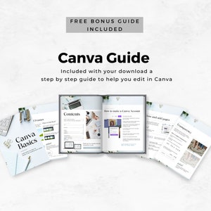May include: A Canva Guide booklet with a purple and white cover. The guide includes information on how to make a Canva account, add pages, and use transparency. The guide is free with a purchase.