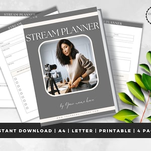 May include: A gray and white printable planner with the text "Stream Planner" and a photo of a woman filming a video. The planner is designed for use by streamers and includes sections for planning content, scheduling, and tracking progress. The text "by Your name here" and "www.YOURWEBSITEHERE.COM" is also included.