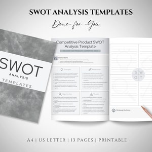 May include: A gray and white booklet with the title "SWOT Analysis Templates" and the text "Done-for-You". The booklet includes a template for a competitive product SWOT analysis with instructions and sections for strengths, weaknesses, opportunities, and threats. The booklet also includes a blank SWOT analysis template with sections for strengths, weaknesses, opportunities, and threats.