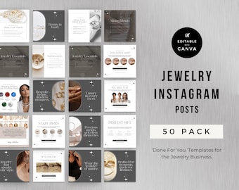 May include: A collection of jewelry-themed Instagram post templates. The templates feature images of jewelry, text, and graphics. The text includes phrases like "Jewelry Essentials" and "Perfect Gift." The design is modern with a neutral color palette.
