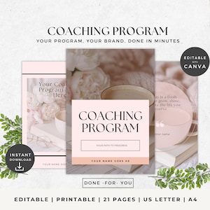 May include: A digital coaching program template in pink and white. The design features the text "COACHING PROGRAM" and "YOUR PATH TO PROGRESS". The image also includes the text "EDITABLE WITH CANVA" and "INSTANT DOWNLOAD".
