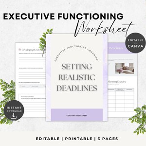 Peut inclure: Un document de travail imprimable intitul&eacute; "Fixer des d&eacute;lais r&eacute;alistes" avec le texte "Coaching de la fonction ex&eacute;cutive". Le design comprend une palette de couleurs violet clair et blanc. Les mots "T&eacute;l&eacute;chargement instantan&eacute;" et "Modifiable avec Canva" sont &eacute;galement visibles.