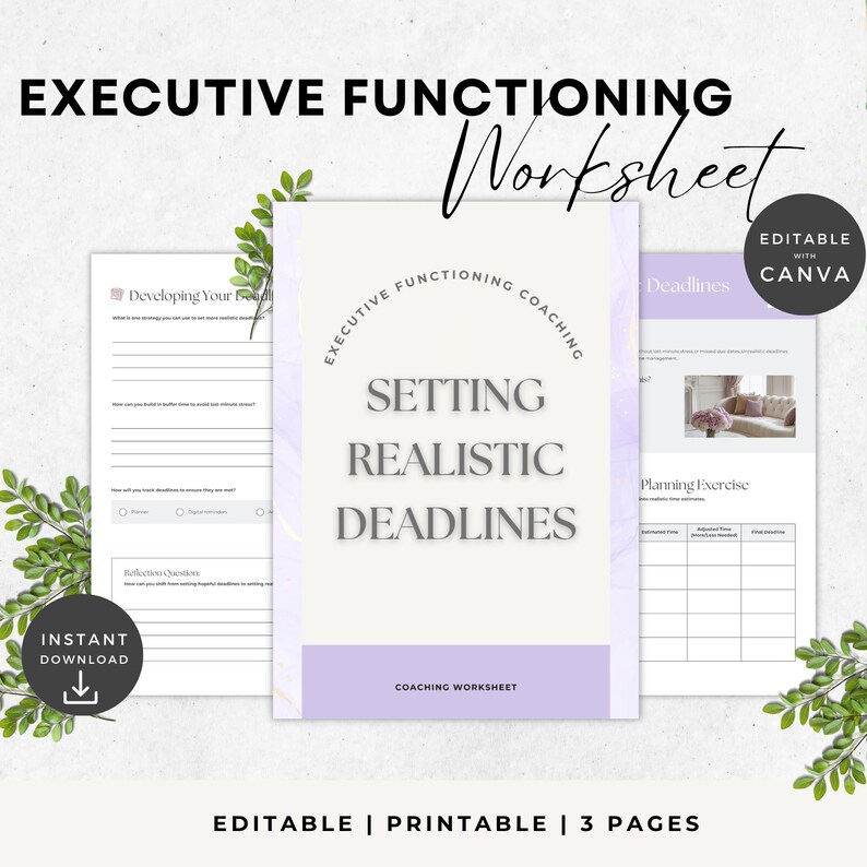 Peut inclure: Un document de travail imprimable intitul&eacute; "Fixer des d&eacute;lais r&eacute;alistes" avec le texte "Coaching de la fonction ex&eacute;cutive". Le design comprend une palette de couleurs violet clair et blanc. Les mots "T&eacute;l&eacute;chargement instantan&eacute;" et "Modifiable avec Canva" sont &eacute;galement visibles.