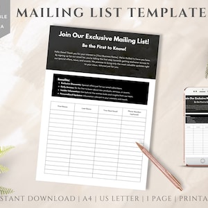 Op de afbeelding: Een zwart-witte, afdrukbare mailinglijst-sjabloon met de tekst "Word lid van onze exclusieve mailinglijst! Wees de eerste die het weet!" en een lijst met voordelen voor het aanmelden. De sjabloon bevat velden voor voornaam, achternaam, e-mailadres en telefoonnummer.