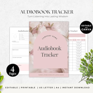 Könnte beinhalten: Ein rosa-weißer Hörbuch-Tracker mit dem Text "Audiobook Tracker" und "Turn Listening Into Lasting Wisdom". Das Design umfasst florale Elemente und einen Abschnitt zur Bewertung von Hörbüchern. Das Bild enthält auch den Text "Editable", "Printable" und "Instant Download".