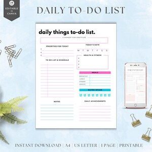 Planner Sheet Daily To Do List | Business Day Planner | Daily Goals Schedule | Instant Download | Printable Planner Template | Editable