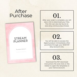 May include: A pink and white digital planner with the text "STREAM PLANNER" and the words "This planner belongs to" with a line for writing a name. The image also includes instructions for accessing the digital product after purchase.