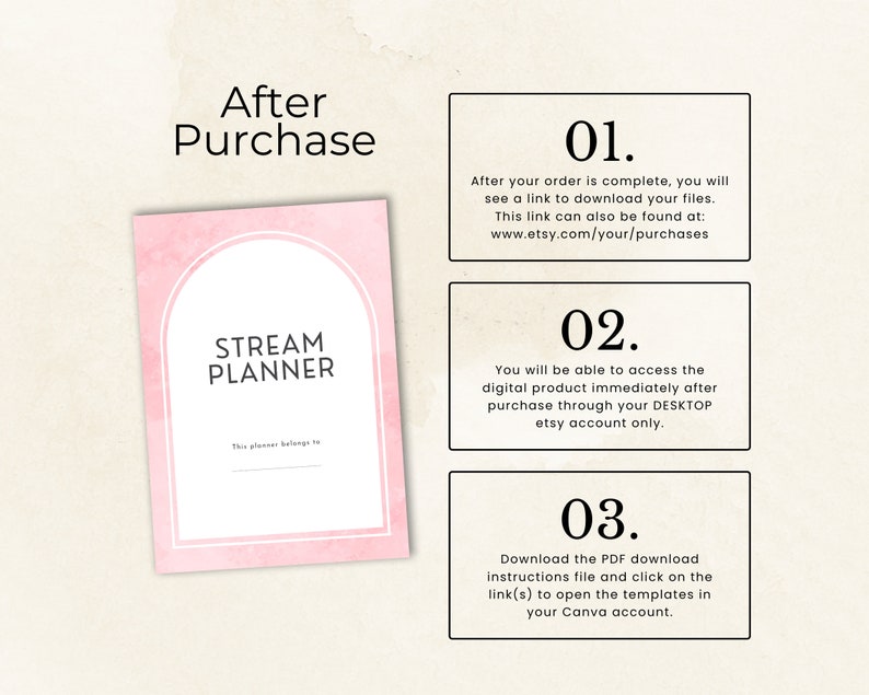 May include: A pink and white digital planner with the text "STREAM PLANNER" and the words "This planner belongs to" with a line for writing a name. The image also includes instructions for accessing the digital product after purchase.