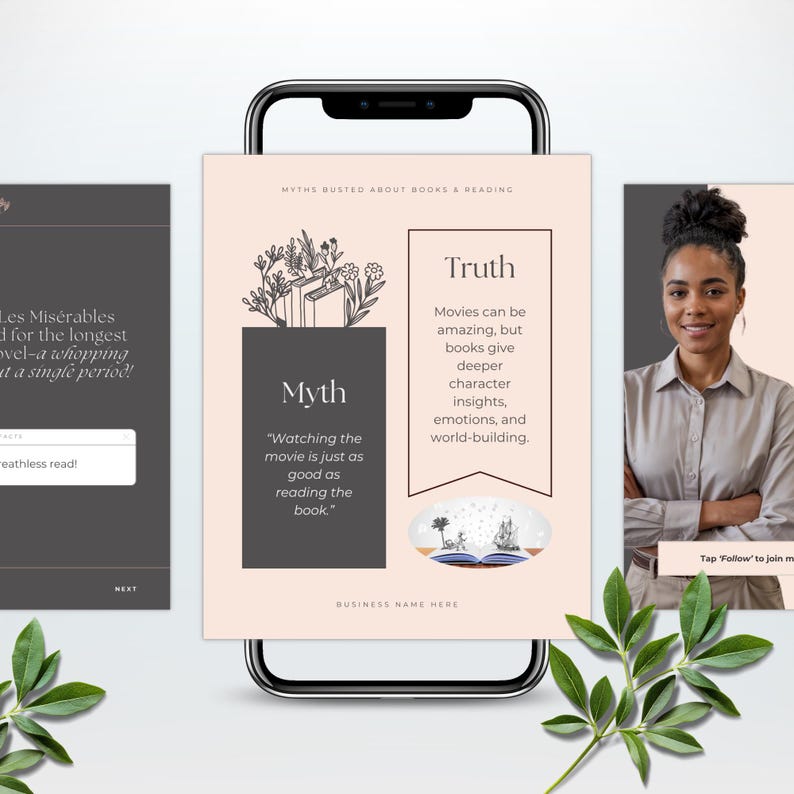 May include: A smartphone screen shows a social media post discussing books and reading. The post features text about myths and truths, with book illustrations and a person. Green leaves are in the foreground.