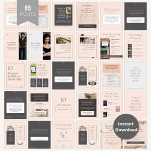 May include: A set of 30 digital social media posts in a soft pink and grey colour scheme. The posts feature text and graphics related to books, writing, and reading. The words "Instant Download" are visible.
