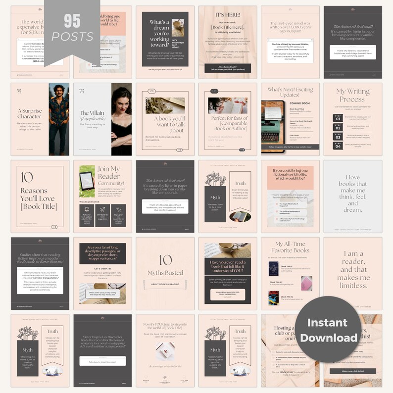 May include: A set of 30 digital social media posts in a soft pink and grey colour scheme. The posts feature text and graphics related to books, writing, and reading. The words "Instant Download" are visible.