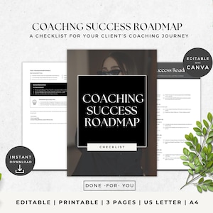 Op de afbeelding: Een Coaching Success Roadmap checklist met de tekst "Coaching Success Roadmap" in een zwart vierkant. De afbeelding bevat de tekst "Direct downloaden", "Bewerkbaar met Canva" en "Done - For - You". Het document is US Letter en A4 formaat.