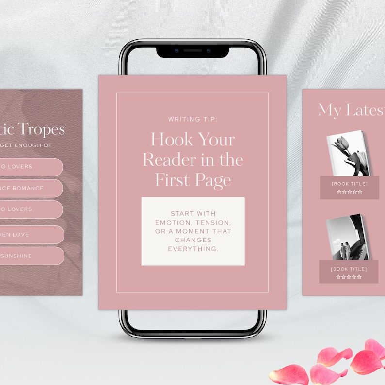 May include: A smartphone displays a pink graphic with the text "Hook Your Reader in the First Page" and writing tips. The image also shows book covers and a list of romantic tropes.