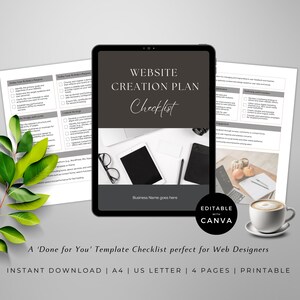 May include: A checklist template for website creation planning. The checklist is titled "Website Creation Plan Checklist" and includes sections like "Define Your Website's Purpose", "Design and Layout", "Content Strategy", and "Marketing and Promotion". The template is editable with Canva and is available for instant download in A4 and US Letter sizes.