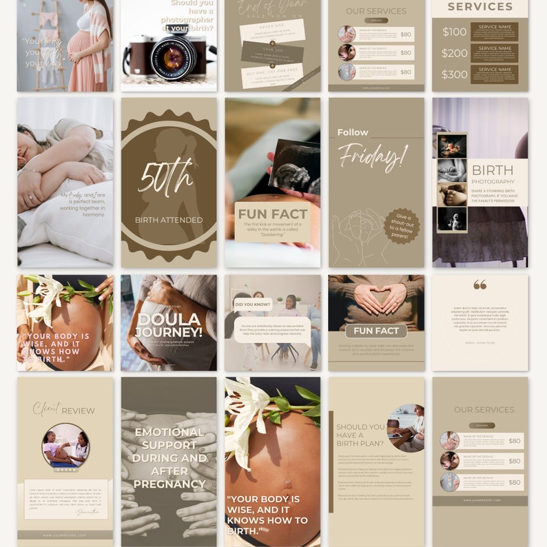 May include: A collection of social media posts with a neutral color palette, promoting birth-related services. The posts include text about birth photography, doula services, and emotional support during pregnancy. Images feature pregnant people and ultrasound scans.