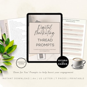 Może przedstawiać: Przewodnik po promptach do wątków marketingu cyfrowego z różowym tłem i tekstem "Digital Marketing Thread Prompts" w białym, odręcznym stylu. Przewodnik nosi tytuł "1 miesiąc wartościowych promptów, aby zwiększyć zaangażowanie". Przewodnik jest edytowalny w Canva i dostępny do natychmiastowego pobrania. Przewodnik jest do wydrukowania i dostępny w formatach A4 i US Letter.
