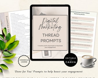 Thread Prompts for Digital Marketing | 31 Days Of Content | Threads Content Calendar | Social Medial Planner | Socials Lead Magnet