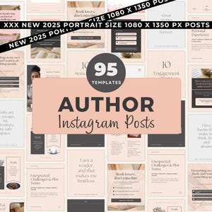 Puede incluir: Un conjunto de 95 plantillas de publicaciones de Instagram para autores en formato vertical. Las plantillas presentan una paleta de colores suaves e incluyen texto como "Author Instagram Posts", "Book lovers, don't miss this!" y "Great stories forever."