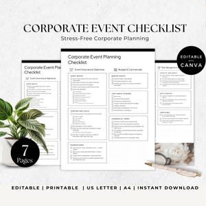 May include: A corporate event checklist with the text "Corporate Event Checklist" and "Stress-Free Corporate Planning". The checklist includes sections for event basics, budget, and risk management. The image also includes the text "Editable with Canva".