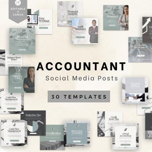 Op de afbeelding: Een verzameling van 30 social media post-sjablonen voor accountants. De sjablonen bevatten een verscheidenheid aan onderwerpen, waaronder financiële overzichten, budgettips en stressvrije boekhouding. De sjablonen zijn ontworpen om te worden gebruikt op Instagram, Facebook en andere social media-platforms.