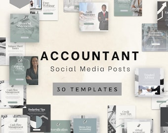 May include: A collection of 30 social media post templates for accountants. The templates feature a variety of topics, including financial statements, budgeting tips, and stress-free accounting. The templates are designed to be used on Instagram, Facebook, and other social media platforms.