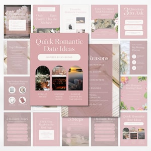 May include: A collection of pink and white graphic designs with text, including "Quick Romantic Date Ideas" and "Inspired by My Books." The designs feature images of a picnic, movie night, and sunrise. Other designs include checklists and lists.
