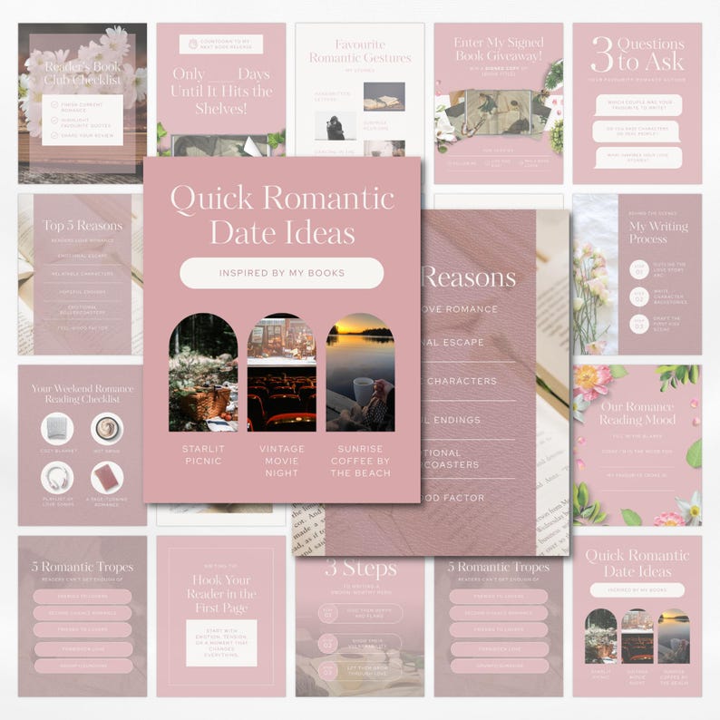 May include: A collection of pink and white graphic designs with text, including "Quick Romantic Date Ideas" and "Inspired by My Books." The designs feature images of a picnic, movie night, and sunrise. Other designs include checklists and lists.