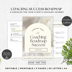 Pode incluir: Um modelo de lista de verificação digital de roteiro de coaching com o texto "Coaching Roadmap Success" e "Checklist". O design inclui modelos Canva editáveis, download instantâneo e é imprimível nos tamanhos US Letter e A4. O design é em cores neutras.