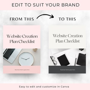 Może przedstawiać: Szablon graficzny w kolorze r&oacute;żowym i białym do listy kontrolnej tworzenia witryny internetowej. Szablon zawiera laptop, zegar i długopis. Tekst "Website Creation Plan Checklist" jest wyświetlany czarną czcionką na białym tle. Tekst "Business Name goes here" jest wyświetlany czarną czcionką na r&oacute;żowym tle.