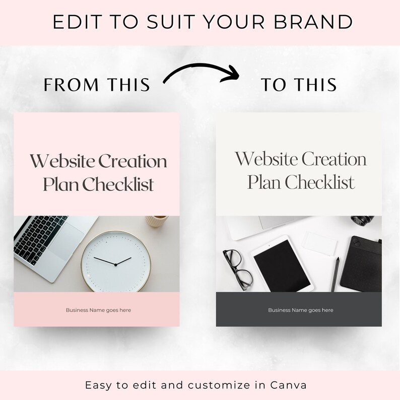 Może przedstawiać: Szablon graficzny w kolorze r&oacute;żowym i białym do listy kontrolnej tworzenia witryny internetowej. Szablon zawiera laptop, zegar i długopis. Tekst "Website Creation Plan Checklist" jest wyświetlany czarną czcionką na białym tle. Tekst "Business Name goes here" jest wyświetlany czarną czcionką na r&oacute;żowym tle.