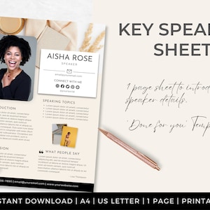Speaker Sheet Template | INSTANT DOWNLOAD | Author Media Kit | One Sheet | Keynote Speaker | Professional Speaker Sheet