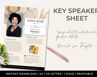 Speaker Sheet Template | INSTANT DOWNLOAD | Author Media Kit | One Sheet | Keynote Speaker | Professional Speaker Sheet