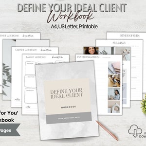 Puede incluir: Un libro de trabajo imprimible titulado "Define Your Ideal Client Workbook" con un fondo de acuarela gris y blanco. El libro de trabajo está diseñado para ayudarte a definir tu cliente ideal e incluye secciones para lluvia de ideas, psicografía y otras ofertas. El libro de trabajo tiene 14 páginas y está disponible para descarga instantánea.