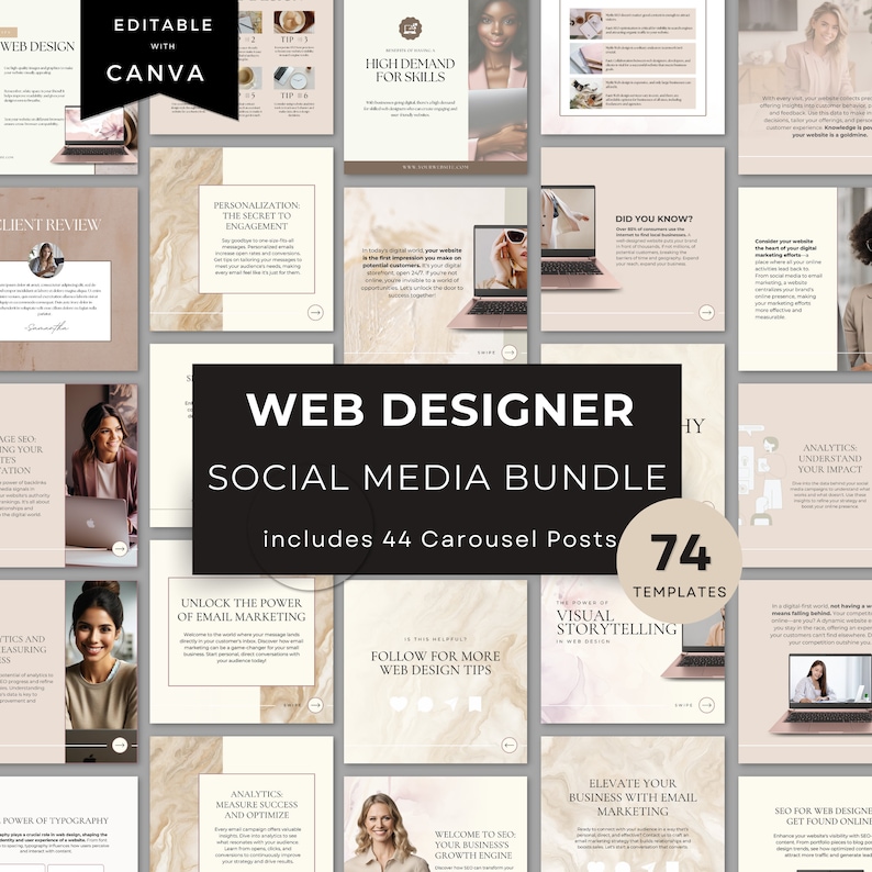 May include: A social media bundle for web designers, featuring 74 templates for carousel posts. The bundle includes tips on web design, email marketing, SEO, and visual storytelling. The image features a collage of different design elements, including laptops, text, and graphics.