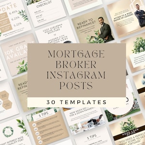 Op de afbeelding: Een verzameling van 30 Instagram-posttemplates voor hypotheekadviseurs. De templates bevatten verschillende ontwerpen, waaronder afbeeldingen van huizen, grafieken en tekst. De tekst bevat zinnen als "Klaar om te herfinancieren?" en "Hoeveel heb ik nodig voor een aanbetaling?"